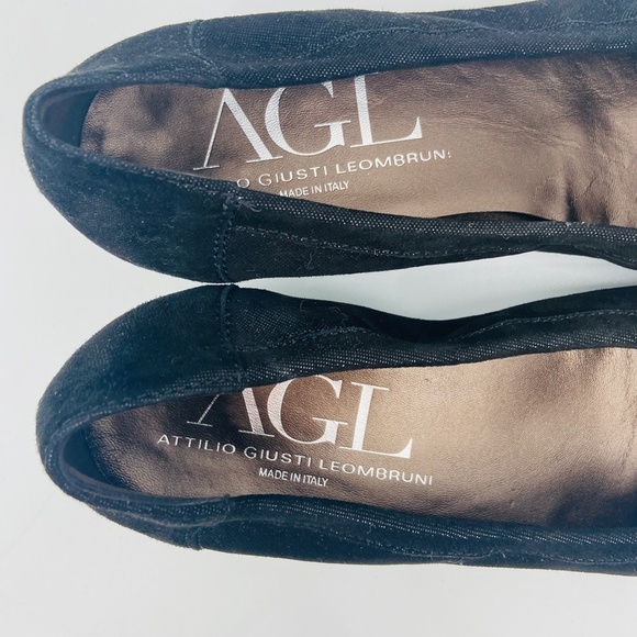 AGL ATTILIO GIUSTI LEOMBRUNI Black Leather Snakeskin Cap Toe Low Wedge Shoes - Picture 8 of 10